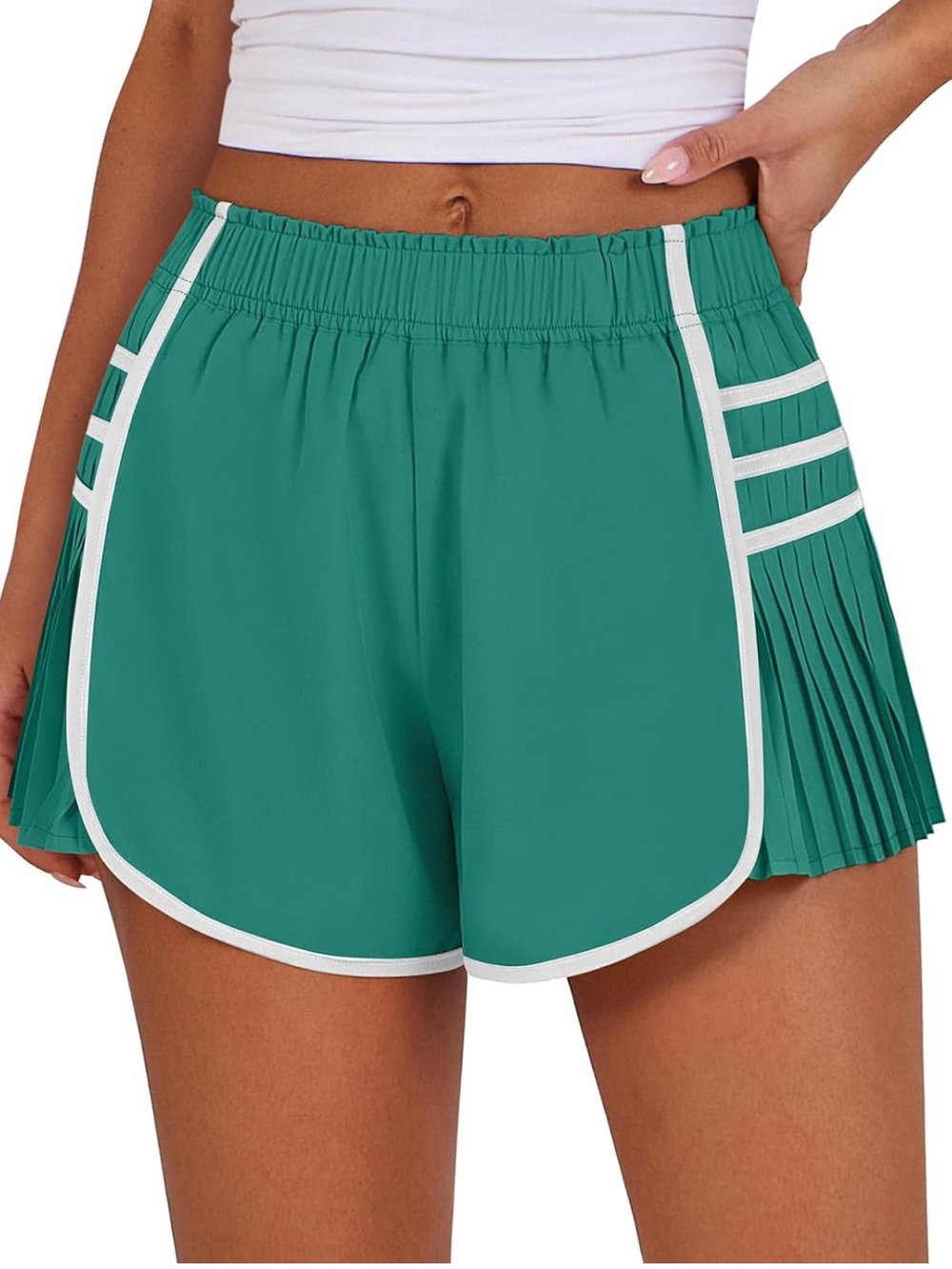High-Waist Pleated Athletic Shorts green with White Trim